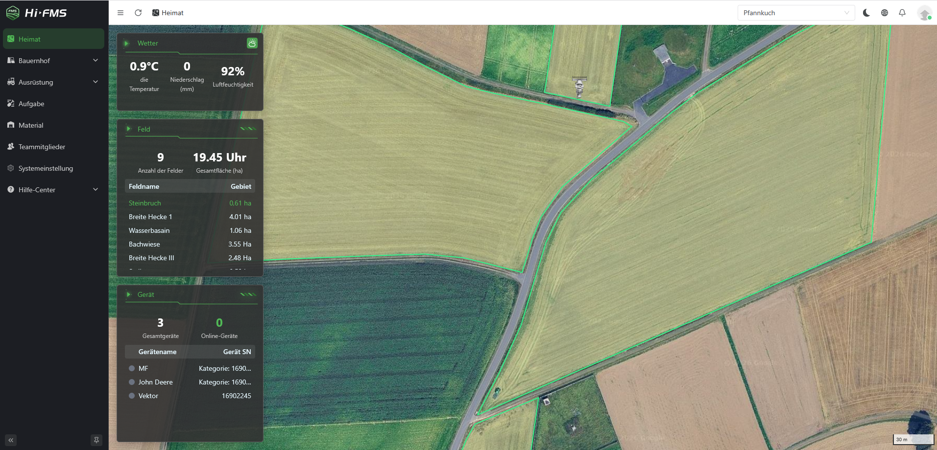 Benutzeroberfläche des Hi-FMS Farm Management Systems